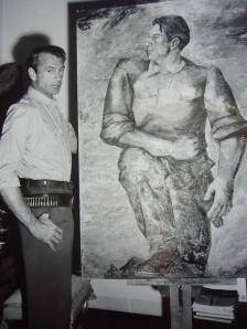 Gary Cooper posa ante el retrato que le hizo Quintanilla para promocionar Por qui+®n doblan las campanas